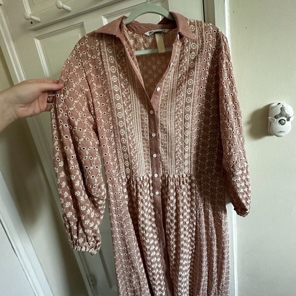 ZARA Malina Midi Embroidered Balloon Sleeves Shirt Dress - Picture 3 of 6